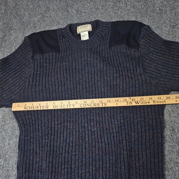 LL Bean Wool Commando Sweater Large Navy Rib Knit Shoulder Elbow Patches Vintage - Picture 6 of 8
